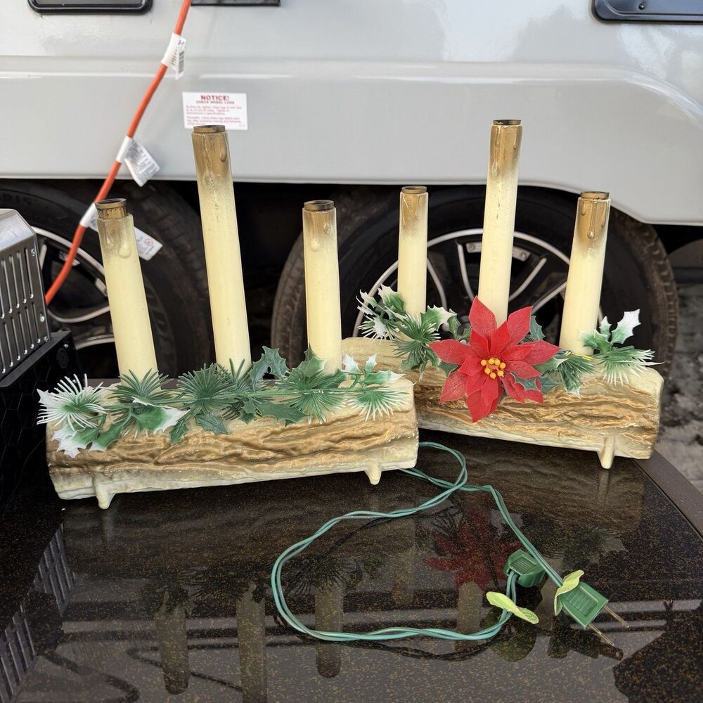Vintage Christmas Yule Log Candlelabra 5 Lights Flowers Hong Kong Lot Of 2